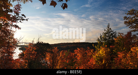 Panoramic fall nature scenery framed with colorful trees at dawn over Smoke lake Stock Photo