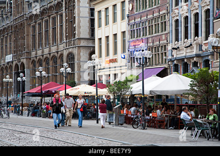 Street in centre of Ghent Belgium with people at pavement bars Stock Photo