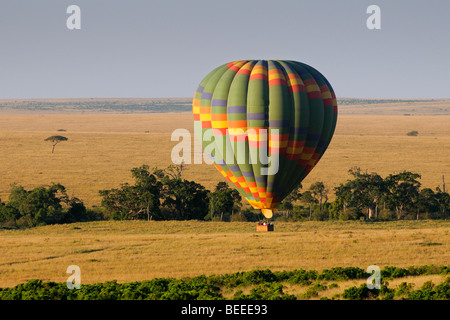 Hot air balloon above the steppe in the first morning light, Masai Mara Nature Reserve, Kenya, East Africa Stock Photo