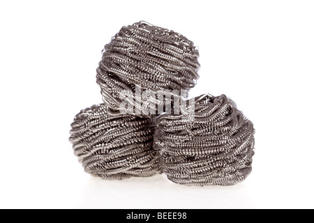 Three stainless steel scouring pads isolated on a white background Stock Photo