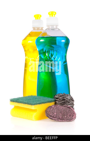 Liquid detergent bottles with scouring pad, stainless steel and steel wool soap pads isolated on white background . Stock Photo