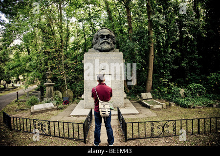 A man stands in front of the grave of Karl Marx in Highgate Cemetery London England. Stock Photo