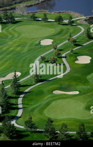 aerial view above greens fairways sand traps paths Rooster Run Golf Course Petaluma California Stock Photo
