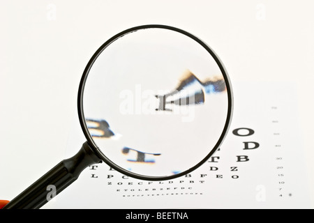 Magnifying glass in a close up on an eye chart Stock Photo