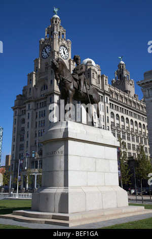 The Edward VII 7th statue in front of the Royal Liver building one of liverpools three graces listed buildings on the liverpool Stock Photo