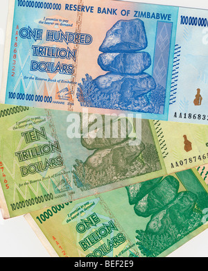 Banknotes of Zimbabwe including a banknote of one hundred trillion dollars. Stock Photo