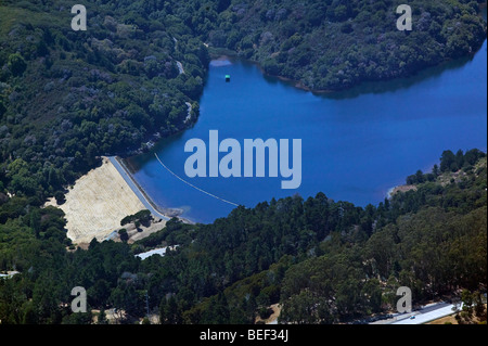 aerial view above Crystal Springs reservoir dam northern California