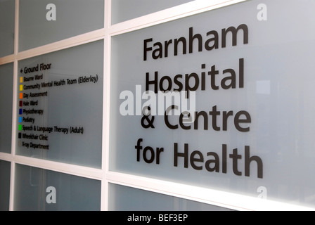 Departmental sign for Farnham Hospital and Health Centre, Farnham Stock ...