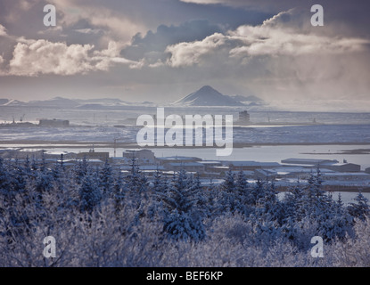 Winter, factory and volcano, Reykjanes Peninsula Iceland Stock Photo