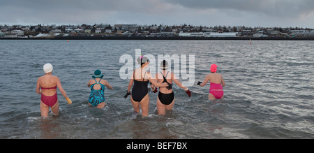 Sea Swimming during Winter Festival, Nautholsvik, Reykjavik, Iceland Stock Photo