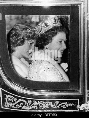 Queen Elizabeth II and Princess Diana in stage coach Stock Photo