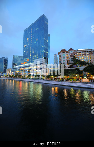 view from Read Bridge down the Singapore River towards Central and the city at dusk, Singapore Stock Photo