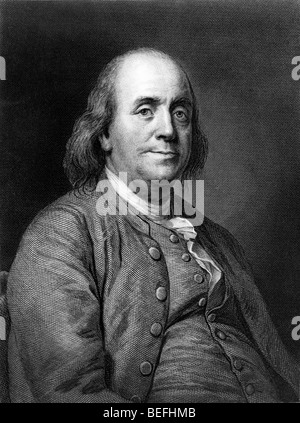 Portrait engraving circa 1868 of US Founding Father Benjamin Franklin (1706 – 1790). Stock Photo