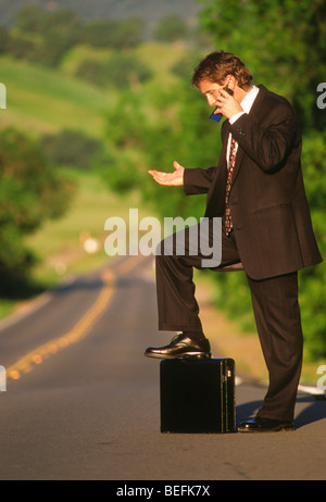 Businessman alone on California highway standing on briefcase talking on cellphone trying to hitch a ride Stock Photo