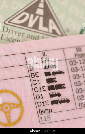 UK Driving Licence showing permitted vehicle categories classes for car van light vans Stock Photo