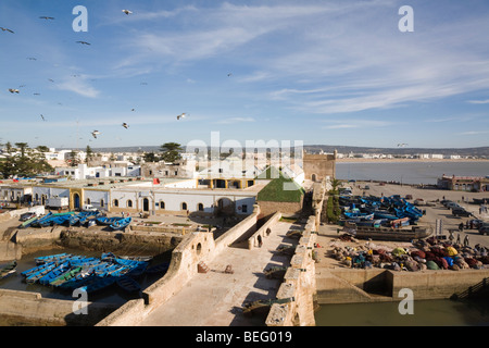 Essaouira Morocco North Africa. High view above old fortified town ramparts and fishing port on west coast Stock Photo