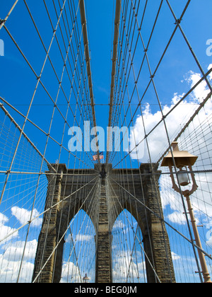 A view of the Brooklyn bridge with a blue sky on the background. Stock Photo