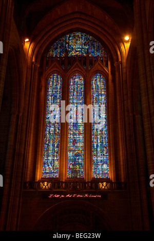 stained glass window and interior of the Cathedral Church of Christ Liverpool Anglican Cathedral Merseyside England UK Stock Photo