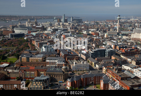 aerial view over the city of liverpool and river mersey merseyside england uk Stock Photo