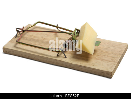 Mouse trap with cheese on white background