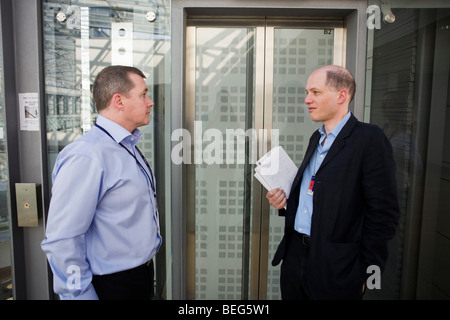 British Airways' Chairman, Willie Walsh interviewed by Alain de Botton at the company's Waterside corporate HQ Stock Photo