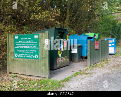 A recycling center in the car park in Tissington Village, Derbyshire England UK Stock Photo