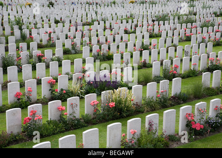 View over Tyne Cot Military Cemetery. First World War British cemetery with 11,856 white tombstones. Stock Photo