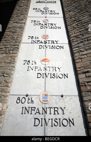 Le Mardasson Memorial detail showing names of US army battalions who fought in the Battle of the Bulge. Stock Photo