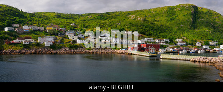 Panorama of Petty Harbour Maddox Cove houses on hillside Atlantic ocean Avalon Peninsula Newfoundland Stock Photo