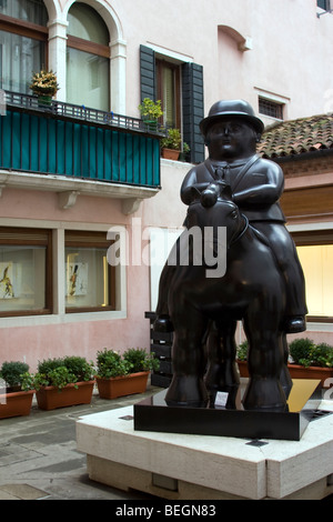 Fernando Botero's 'Man on a Horse', displayed outside a Venetian art gallery, Italy Stock Photo