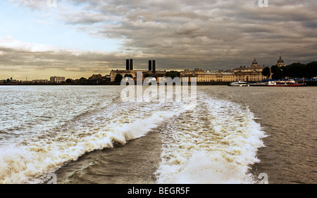The wake of a power boat as it leaves Greenwich in London.  Photo by Gordon Scammell Stock Photo