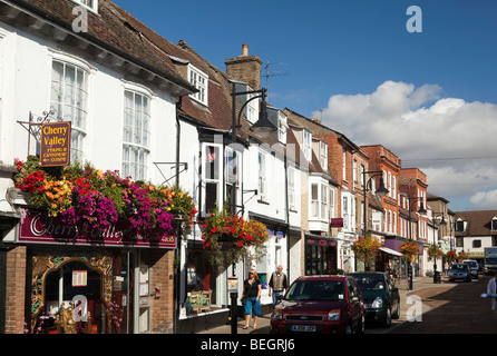 England, Cambridgeshire, St Ives, Bridge Street, shops in part-pedestrianised road Stock Photo