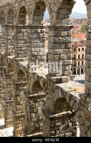 Roman water aqueduct, elevated view detail, Segovia, Spain Stock Photo
