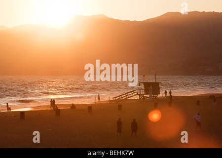 Sun setting on Santa Monica Beach in Los Angeles, California, USA Stock Photo