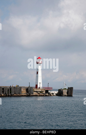 Wawatam Lighthouse on Lake Huron in Saint Ignace Michigan MI  Great Lakes overhead from above pictures images vertical format in USA US hi-res Stock Photo