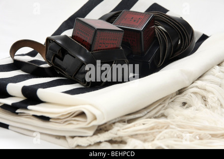 Cutout of Tifillin and Talit on white background Stock Photo
