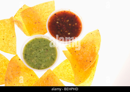 High angle view of nachos with guacamole and salsa Stock Photo