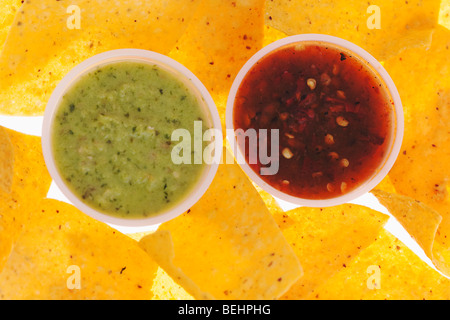 High angle view of nachos with guacamole and salsa Stock Photo