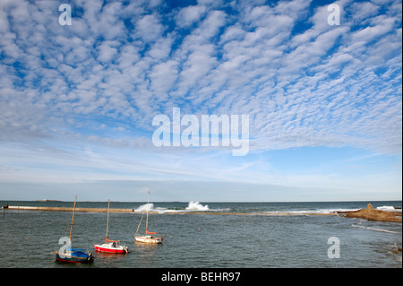 Three small sail boats protected on the inside of a sea wall at Seahouses, Northumberland,'North East',England,'Great Britain' Stock Photo