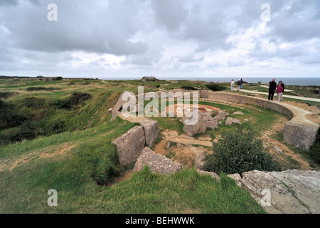 Second World War Two site with bombed WW2 bunkers at the Pointe du Hoc, Normandy, France Stock Photo