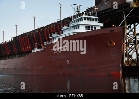 A ship at the Upper Harbor Ore Dock on Lake Superior in Marquette Michigan USA  low angle nobody none hi-res Stock Photo