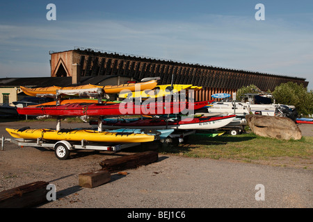 Kayaks for rent and Lower Harbor Ore Dock in Marquette Michigan USA nobody none US lifestyle daily life hi-res Stock Photo