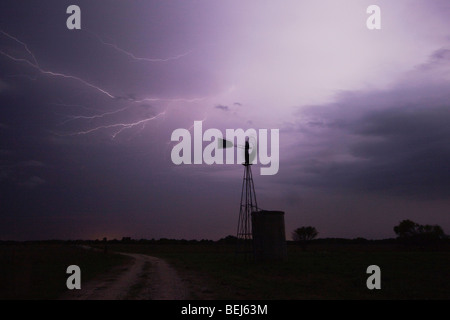 Wind mill with lightning, Sinton, Corpus Christi, Coastal Bend, Texas, USA Stock Photo