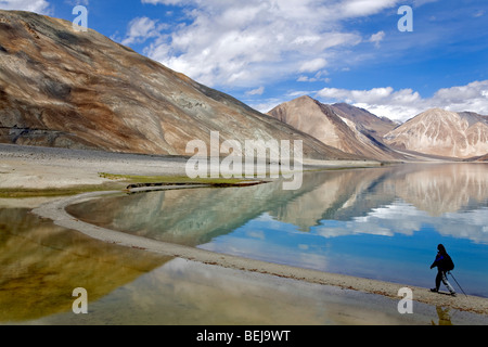 Walking around Pangong Lake. Ladakh. India Stock Photo