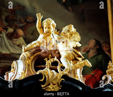 Cherubs and painting behind at Pilgrimage church (Rococo). AMORBACH. BLACK FOREST. GERMANY. Stock Photo