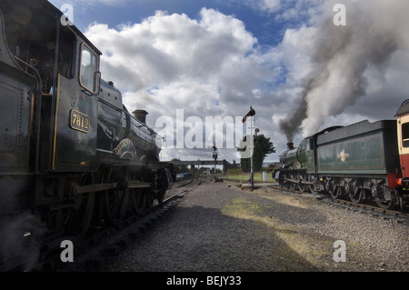 Two Great Western Railway Manor Class steam locomotives on the preserved  Severn Valley Railway at Kidderminster, Shropshire Stock Photo