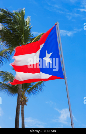 Low angle view of a Puerto Rican flag fluttering, Luquillo Beach, Puerto Rico Stock Photo