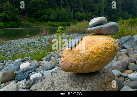 Small rock cairn built along the shore of the Smith River, Jedediah Smith Redwoods State Park, California Stock Photo