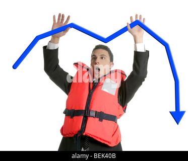 Businessman sinking in crisis, lifejacket metaphor isolated on white Stock Photo