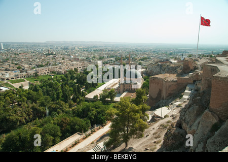 Aerial view from citadel to the Yeni Dergah Mosque in Urfa, Turkey Stock Photo